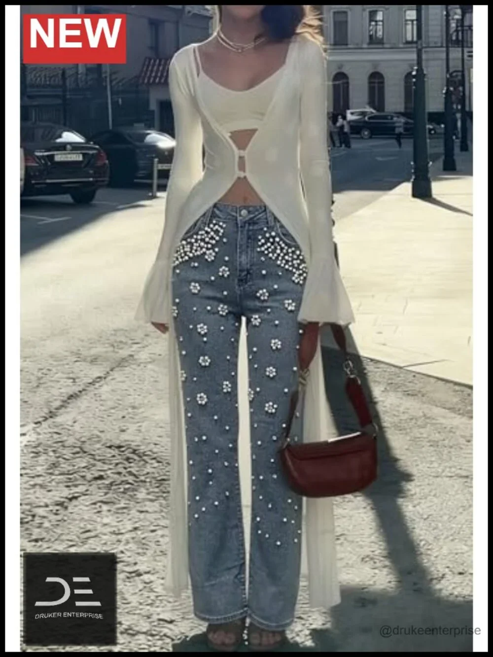 High Rise Wide Leg Pearl Rhinestone Floral Jeans Stretch Denim Women